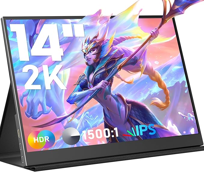 Portable Monitor 14inch 2K Laptop Monitor USB C HDMI Gaming Ultra-Slim IPS Display Smart Cover &amp Speakers 2160 * 1440P Screen for Laptop HDR External Monitor for Laptop PC Phone Mac Xbox