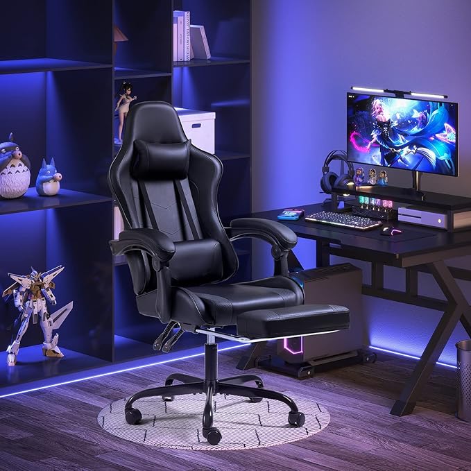 Shahoo Gaming Chair Video Gaming Chair with Footrest and Lumbar Support Ergonomic Computer Chairs with 360° Swivel and Height Adjustable Spin Chair with Headrest for Home Office Study Room (Black)