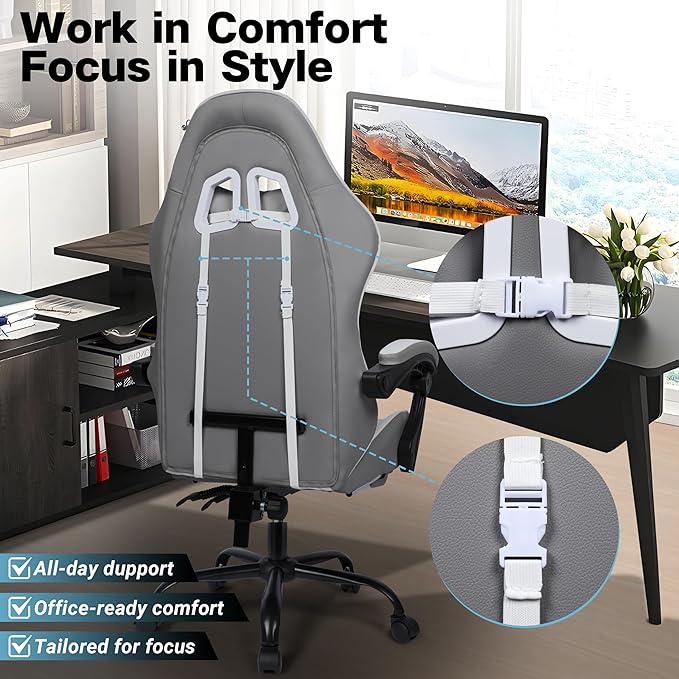 Gaming Chair Ergonomic Computer Chair with Footrest and Lumbar Support Height Adjustable Office Chair with 360° Swivel Seat and Headrest (White)