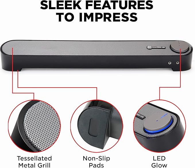 GOgroove Computer Speaker Mini Soundbar - USB Powered PC Sound Bar with Easy Setup Wired AUX Stereo Audio Microphone Port Volume Control Knob Under Monitor Design for Desktop (Black)