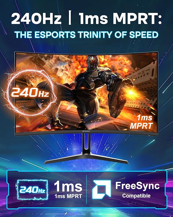 SANSUI 24 Inch Curved 240Hz Gaming Monitor FHD 1080P 1500R Curve Computer Monitor 124%sRGB 3000:1 Contrast Ratio HDR FreeSync MPRT 1Ms Low Blue Light HDMI DP ports.(ES-G24C1 PRO DP Cable Incl)