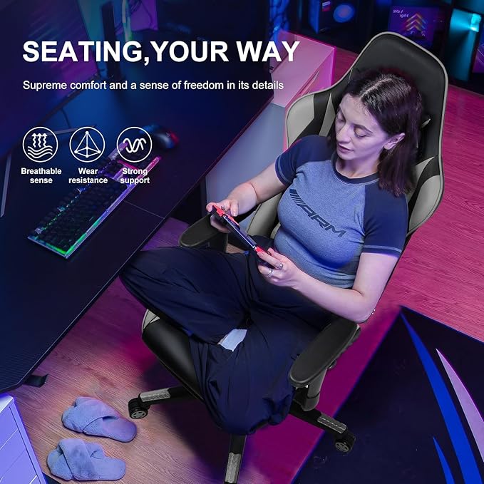 GTPLAYER Gaming Chair with Footrest Ergonomic Computer Game Desk Chair Reclining Gamer Chair Seat Height Adjustment Swivel Rocker with Headrest and Lumbar (Gray)