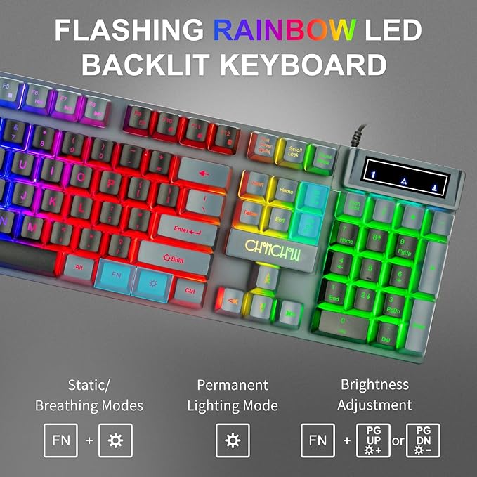 CHONCHOW Gaming Keyboard and Mouse Combo RGB LED Backlit USB Wired Key Board 3200dpi Mice Mechanical Feel Compatible with Xbox one ps5 Windows Laptop Computer(Grey-Black)