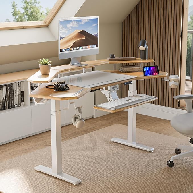 EUREKA ERGONOMIC Solid Wood Top Gaming Desk with Keyboard Tray 72 Wing Shaped Music Studio Table with LED Shelves Heavy Duty Gaming Recording Live Stream Desk Cable Slot Design