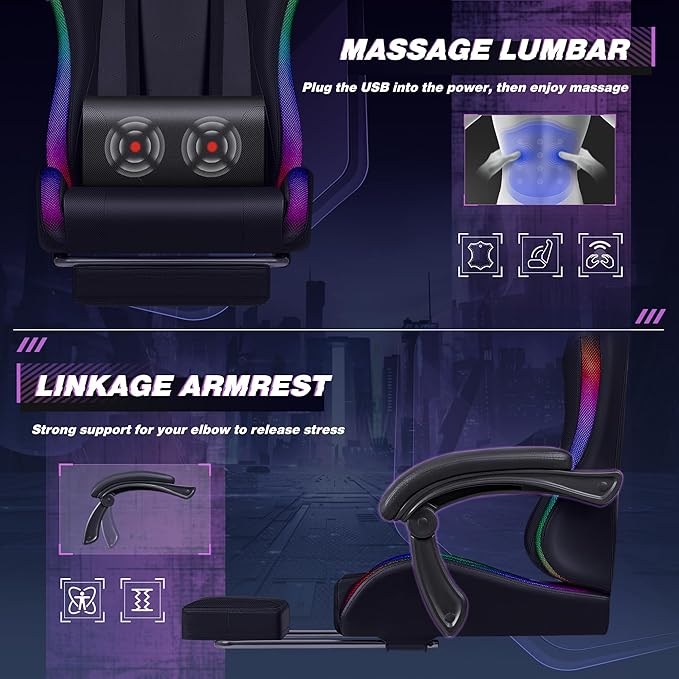 Homall Gaming Chair Video Game Chair with Footrest and Massage Lumbar Support Ergonomic Computer Chair Height Adjustable with Swivel Seat and Headrest (RGB Dark Black)