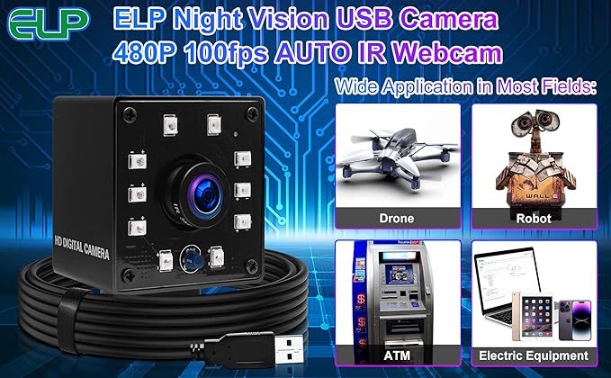 USB Camera 100fps Night Vision WebcamFull HD 1080P Web Cam with IR Cut and 10pcs Led Board LightsDay Nights Webcameras2mp Web Cameras for Most OS (3.6mm lens webcam with IR LED board)