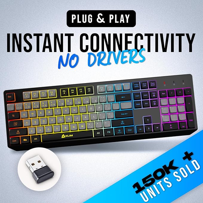 KLIM Chroma Wireless Keyboard – RGB Backlit Gaming Rechargeable Battery PC Keyboard Durable &amp Water-Resistant Compatible with PS4 PS5 &amp Mac - Black