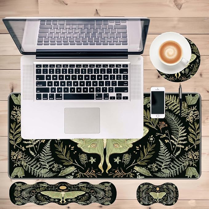 Keyboard Mouse Pad SetLarge Desk Pad+Keyboard Wrist Rest+Mouse Wrist Support+CoasterEasy Typing Pain Relief Non-Slip Wrist Support Mousepad Set Home OfficeLuna Moth Series