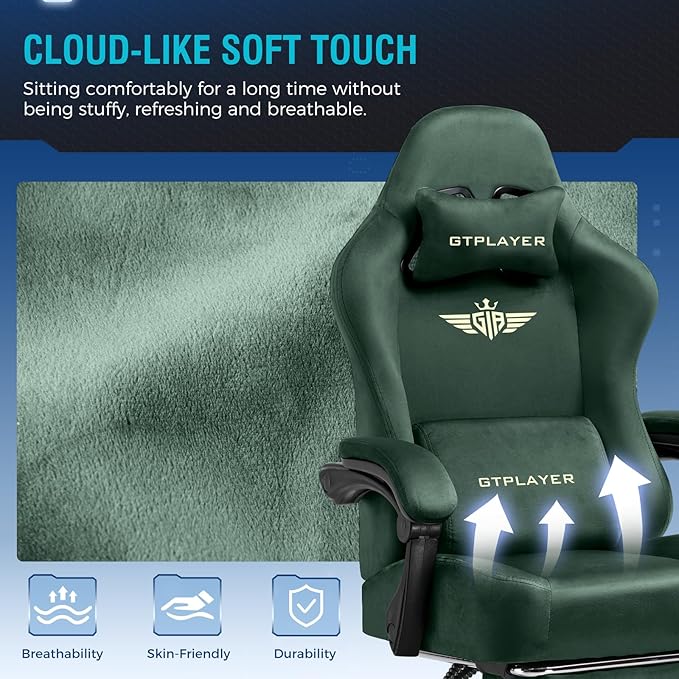 GTPLAYER Gaming Chair Fabric with Pocket Spring Cushion Big and Tall Gamings Chairs 350LBS High Back Computer Chair with Footrest for Adults Lumbar Support Swivel Game Chair for Office Gaming Green
