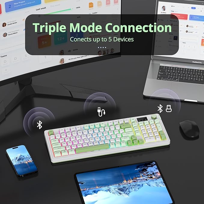 Owpkeenthy 96% Wireless Green Keyboard with Knob 98 Keys Silent Gasket Mouted Mechanical Feeling Membrane Gaming Keyboard 3-Mode Wired/Bluetooth 5.0/2.4G for Win/Mac(98 Green)
