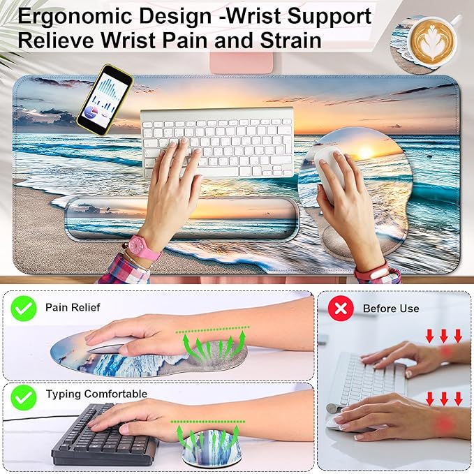 Mouse Pad + Desk Mat + Keyboard Wrist Rest + Coaster 4 in 1 Set Cute Ergonomic Large Gaming Mousepad with Wrist Rest Support Desk Pad for Computer Laptop Office Home Decor-Beach