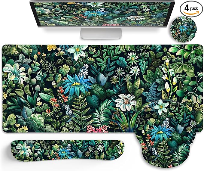 Floral Mouse Pad Large Desk Mat Set Green Ergonomic Mouse Pad with Wrist Rest Keyboard Wrist Support XXL Mousepad Cup Coaster Set Cute Green Office Desk Accessories Decor Supplies
