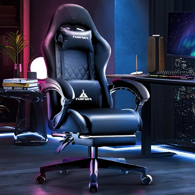 Gaming ChairErgonomic Massage Computer Office Desk Chair with FootrestPocket Spring CushionReclining Leather Adjustable Gamer Chair with Headrest and Lumbar SupportBlack