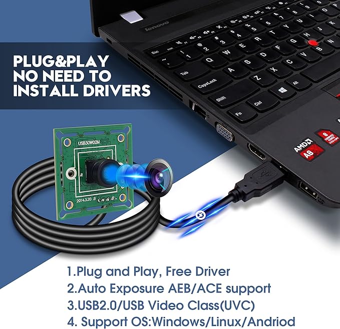 USB Camera Module 120 Degree Wide Angle Lens 60fps High Speed 10.2Inch Mini Webcam for Industrial Machine Supports Most OS with 3.3ft/1m Cable for Raspberry Pi Jetson Nano