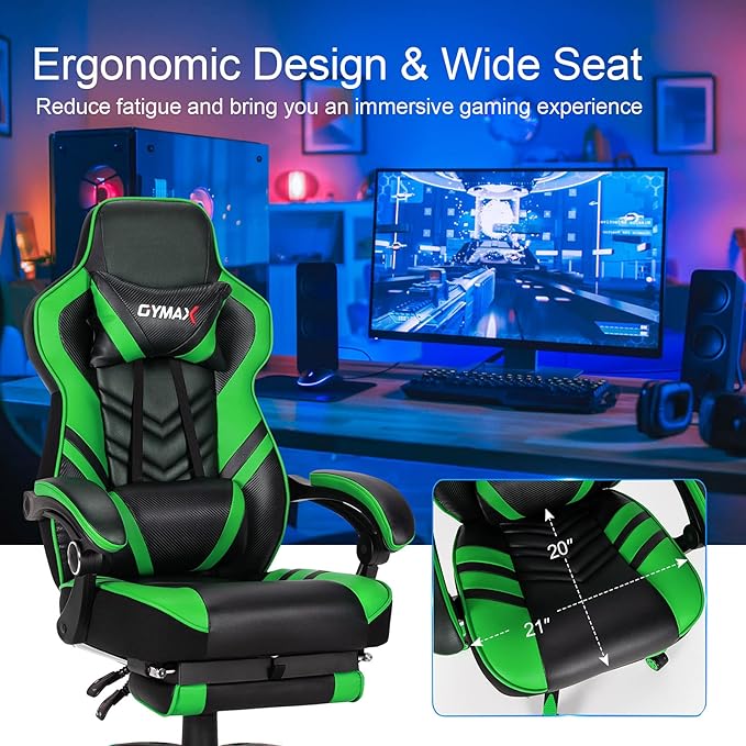 GYMAX Gaming Chair Ergonomic Computer Chair with Footrest Linkage Armrests &amp Lumbar Cushion Big Wide High Back Video Gaming Chair Reclining Office Rolling Chair for Adult/Teens (Green)