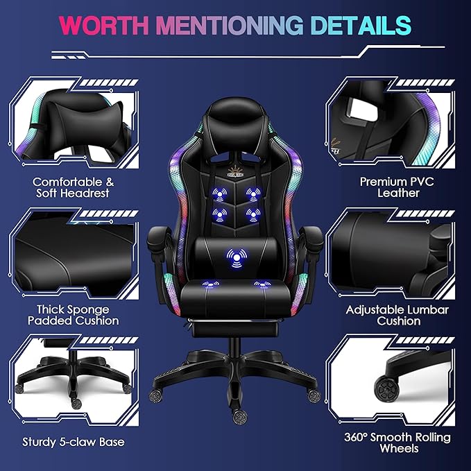 XOOFMASS RGB Gaming Chair with Speakers and LED Light 7 Points Ergonomic Massage Video Game Chair High Back 90°-135° Adjustable PU Leather E-Sport Computer Chair with Headrest &amp Lumbar Support