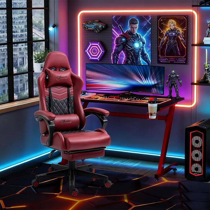 Gaming Chair Ergonomic Computer Desk Office Chair with Footrest Height Adjustable Swivel Chair PU Leather and Lumbar Support for Gaming and Work (Red)