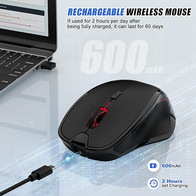 Wireless Bluetooth Mouse for Mac Pro MacBook Ergonomic Rechargeable Mice with Jiggler Mode 2-Mode Bluetooth 5.2/3.0 &amp 2.4G USB-A/USB-C Receiver Silent Optical Mouse for iPad PC Laptop Black