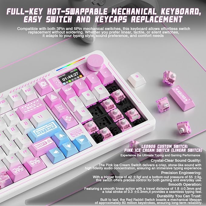 LINGBAO K98 PRO Anime Mechanical Keyboard Wireless with Screen &amp KnobRGB Gaming Keyboard Tri-Mode BT5.0/2.4GHz/USB-C Gasket Mount Hot Swappable Linear Switches Gamer Keyboards for PC/Mac/Andro