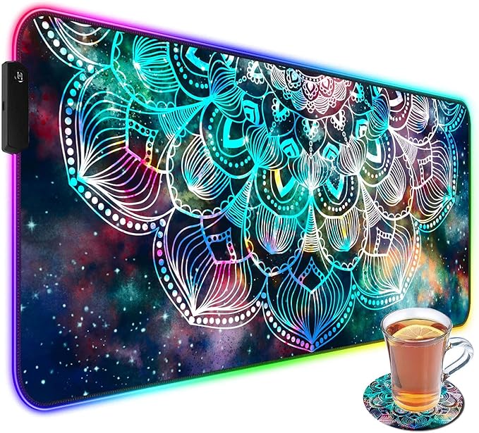 Customized RGB Gaming Mouse Pad and Coffee CoasterLarge Glowing Led Anti-Slip Rubber Base Computer Keyboard Desk Mouse Mat 31.4x11.8 InchMandala in Galaxy