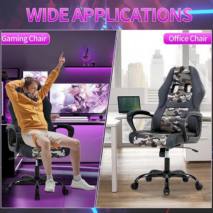 Gaming Chair Office Chair Adjustable Ergonomic High Back Massage Computer Desk Chairs with Lumbar Support PU Leather Racing Chairs Rolling Swivel for Adult &amp TeenCamo