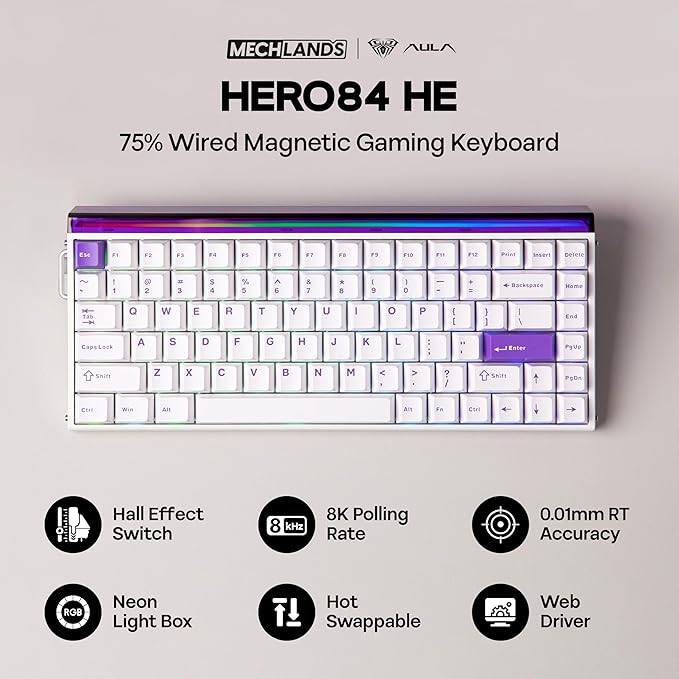 MechLands Aula Hero84 HE Wired Magnetic Gaming Keyboard Rapid Hall Effect Keyboard with 0.01mm Adjustable Actuation 8kHz Polling 5-Layer Sound Dampening RGB Lightbox &amp Backlit (White Purple)