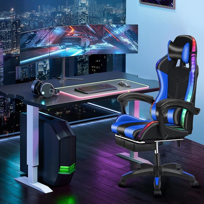 Gaming Chair with LED Lights Ergonomic Massage Computer Chair Video Game Chair Reclining Gaming Chairs with Footrest Chair Gaming High Back Music Video Chair with Lumbar Support (Blue2)