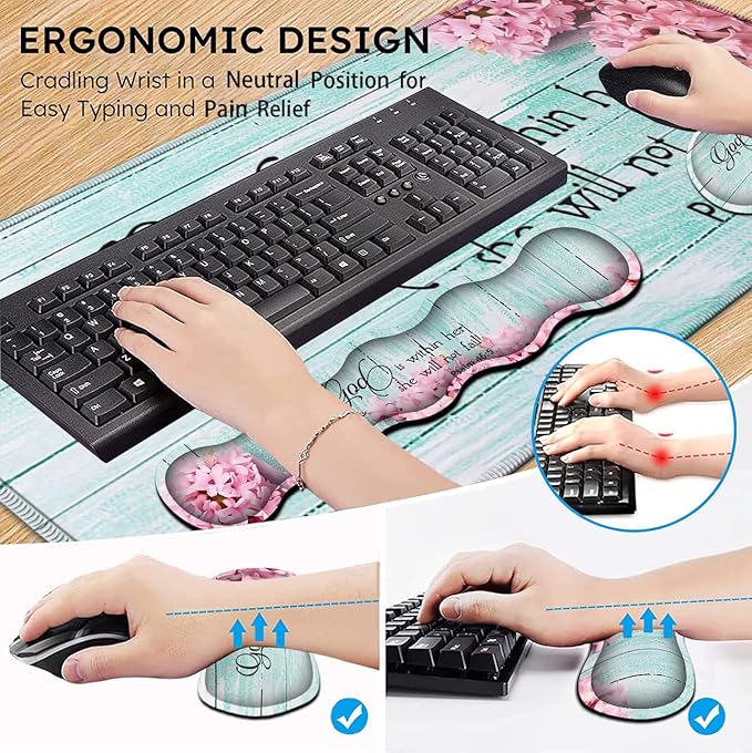 Mouse Pad Set Large Gaming Mouse Pad + Keyboard Wrist Rest Support + Mouse Wrist Cushion + Coaster Non-Slip Rubber Base 31.5 x 11.8 in Extended Desk Mat for Office Psalm 46-5 Pink Hyacinth