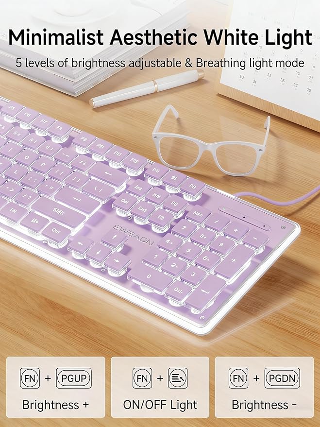 EWEADN GX710S Backlit Computer Keyboards Wired USB Keyboard with White Backlit Metal Panel Plug and Play Pudding Keycaps Full Size Quite Computer Keyboard for Win/PC/Laptop-Purple