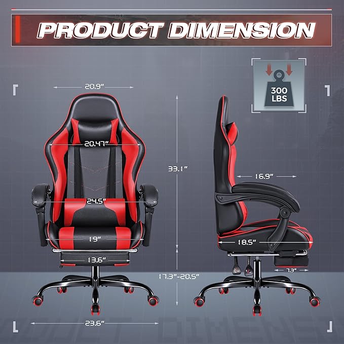 Furmax Gaming Chair Video Game Chair with Footrest and Massage Lumbar Support Swivel Seat Height Adjustable Computer Chair with Headrest Racing E-Sport Gamer Chair (Red)