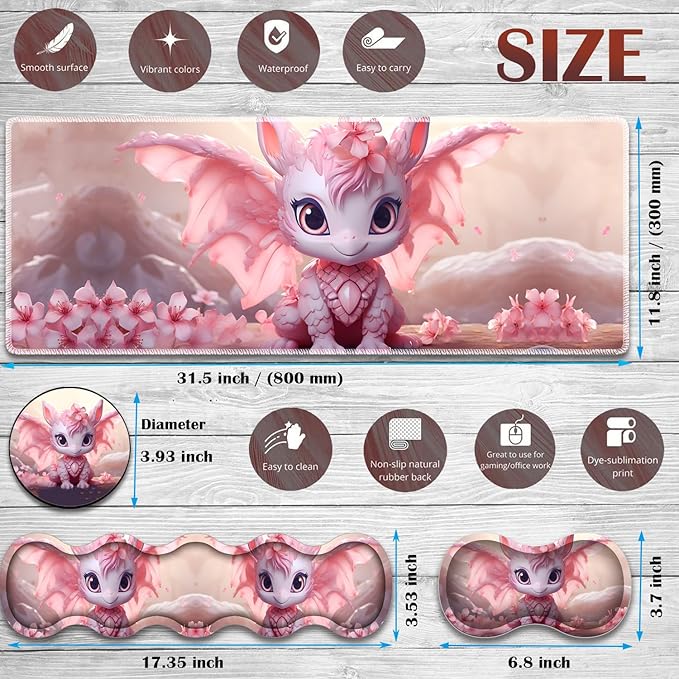 Gaming Mouse Pad Set Large Gaming Mouse Pad+Keyboard Wrist Rest+Mouse Wrist Rest+Coaster Easy Typing Pain Relief 31.5 × 11.8 inch Desk Mat for Home Office - Sakura Dragon