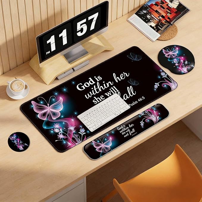 Desk Mat Set + Keyboard and Mouse Pad with Wrist Rest Support4-in-1 Large Mousepad Computer Mats for Desktop Home &amp Office-Purple Butterflies