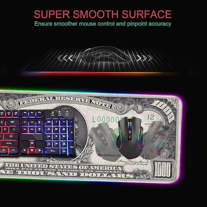 RGB Gaming Mouse Pad with Coffee Coaster XXL Large Glowing LED Mousepad Anti-Slip Rubber Base Computer Keyboard Desk Mouse Mat 31.5 X 11.8 Inch - 1000 Dollar Bill