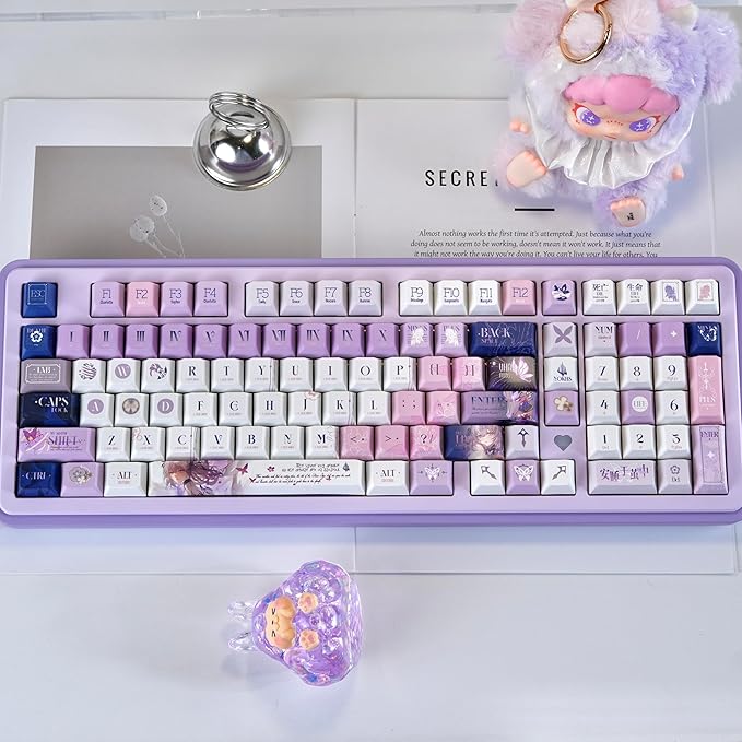 PBT Custom Keycaps 130 Keys Japanese Anime Purple Keycaps Cherry Profile Dye Sublimation Keycap Manga Style Key Cap Set for 60% 65% 75% TKL 100% Mechanical Keyboard