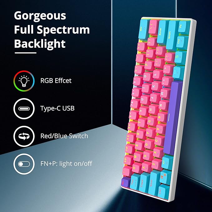 Fogruaden 60% Mechanical Keyboard 61 Keys Gaming Keyboard RGB Backlit Ultra-Compact 60 Percent Wired Keyboard for Win/Mac PC Gamer Easy to Carry on Trip (Pink Red Switch)