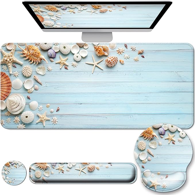 Desk Mat Set + Keyboard and Mouse Pad with Wrist Rest Support4-in-1 Large Mousepad Computer Mats for Desktop Home &amp Office-Blue Shells