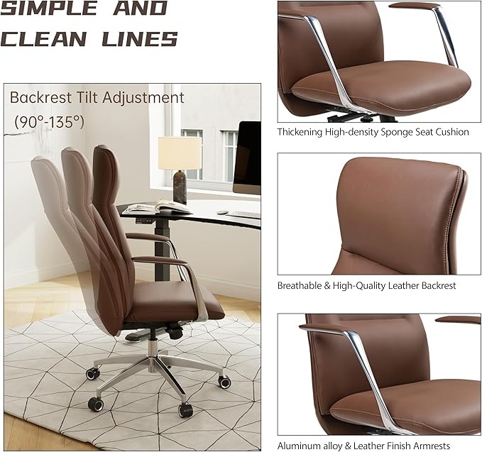 EUREKA ERGONOMIC Royal Slim Executive High Back Brown Leather Office Chair Home Desk Chair for Adults Big and Tall with Wheels Swivel Rolling