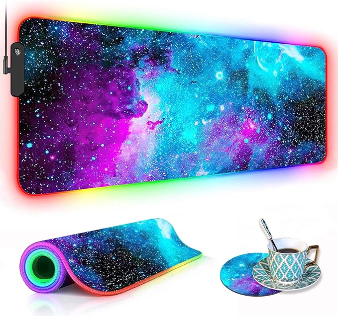 RGB Gaming Mouse Pad with Coffee Coaster XXL Large Glowing LED Mousepad Anti-Slip Rubber Base Computer Keyboard Desk Mouse Mat 31.5 X 11.8 Inch - Blue Galaxy Nebula Universe Space