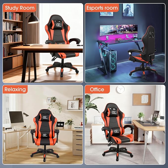 BorealBear Gaming Chair Office Chair Reclining High-Back PU Leather Computer Desk Chair with Headrest and Lumbar Support Suitable for Gaming Chairs Office Storage and More（Orange）