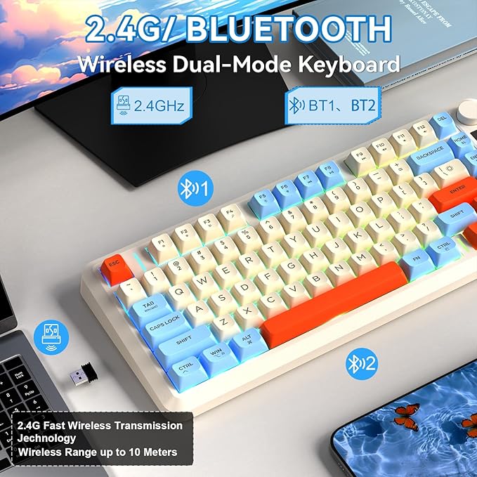 ZIYOU LANG M75 Wireless Gaming Keyboard RGB Backlit Rechargeable 2000mAh Battery Small Membrane But Mechanical Feel Keyboard with Smart Display &amp Knob PBT Gradient keycaps for PC MAC - Blueber