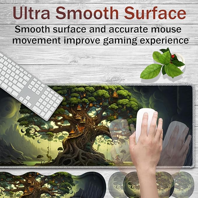 Gaming Mouse Pad Set Large Gaming Mouse Pad+Keyboard Wrist Rest+Mouse Wrist Rest+Coaster Easy Typing Pain Relief 31.5 × 11.8 inch Desk Mat for Home Office - Life Tree