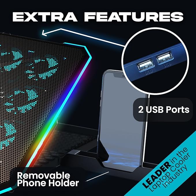 KLIM V14 Gaming Laptop Cooling Pad with 14 Fans + Gaming Laptop Cooler + Stable RGB Laptop Stand with Fan + Compatible up to 17 Inches + 2 USB Ports + Mobile Phone Holder + 5 Years Protection