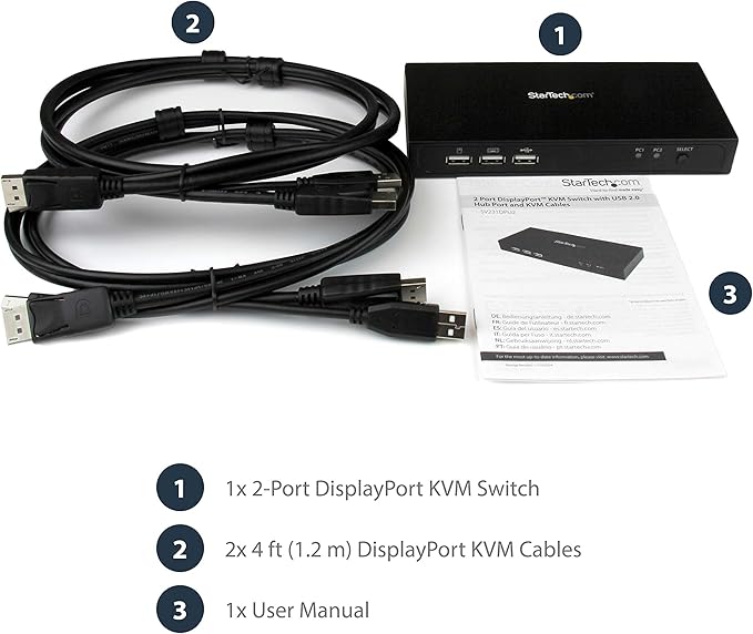 StarTech.com SV231DPU2 2-port DisplayPort KVM Switch with Built-in USB 2.0 Hub - Supports 4K Video Resolution at 30Hz - Ultra HD