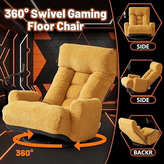 Gaming Chair Floor Sofa Gaming Lounge Chair with 14-Section Head &amp 3-Section Waist Adjustment 360° Swivel &amp Spring Seat for Gaming Napping Reading Dorm Small Apartment (Yellow)