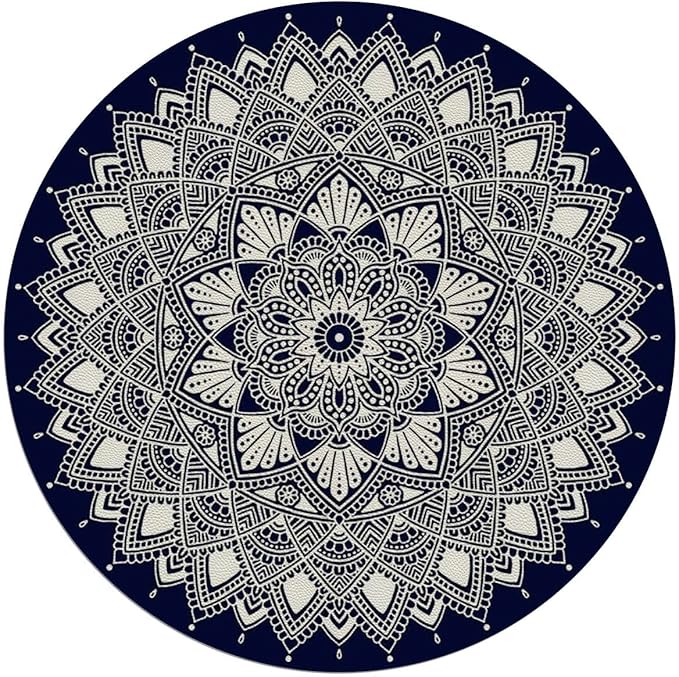 Blue Indigo PU Leather Office Chair Mat for Hardwood Floor Mandala Exotic Floral Ornament Round Round Floor Mats for Office Chair Desk Chair Anti Slip Floor Protector for Rolling Chair Diameter 59 in