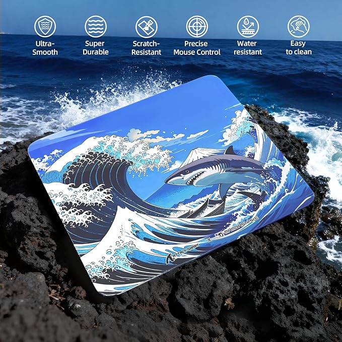 ATTACK SHARK CM05 Glass Gaming Mouse Pad17.7x15.7 in Large Mouse MatNon Slip 9H Hard MousepadsNano-Textured Glass Surface with Improved Precision and Speed for FPS/MOBA-Wave SharkBlue