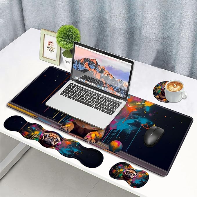 4 in 1 Ergonomic Memory Foam Mouse Pad Wrist Rest Set Large XXL Gaming Desk Pad + Keyboard Wrist Rest + Mouse Wrist Cushion + Coaster for Home Office Study Gaming Cute Pug with Headphones