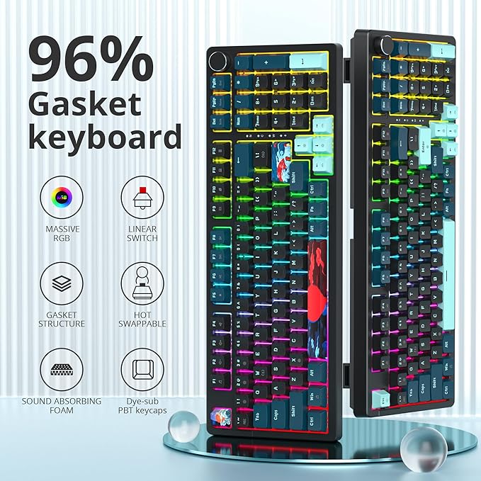 Guffercty kred 96% Wired Gaming Keyboard Gasket Mount Hot-swappable RGB Mechanical Keyboard with Knob Control &amp Number Pad for Mac/Win (98 Monster-B)