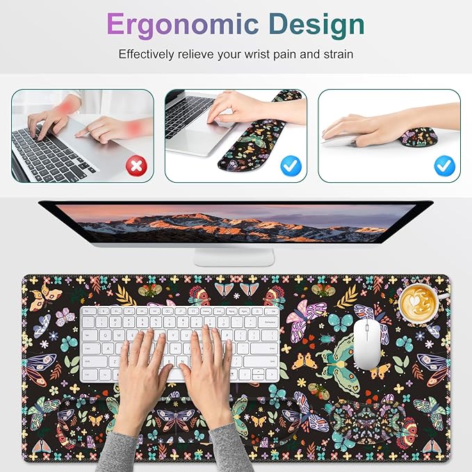 Desk Mat Pad Gaming Mouse Pad Wrist Support Set 4 in1 Non-Slip XXL Large Mousepad + Ergonomic Keyboard Wrist Rest+Mouse Wrist Rest+Coaster for Home Office Computer I Colorful Butterfly