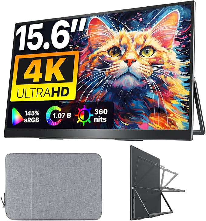 Portable Monitor 15.6 inch 4K UHD 3840X2160 145% sRGB IPS HDR HDMI USB-C Travel Monitor for Laptop MacBook PC Surface PS5 Xbox External Display with Kickstand &amp Speakers VESA Compatible